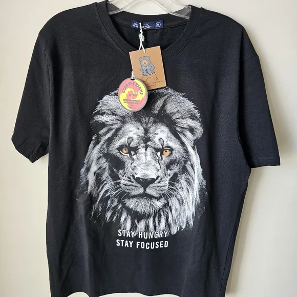 Stay Hungry Black Short Sleeve Tee with Lion Graphic - Picture 2 of 5